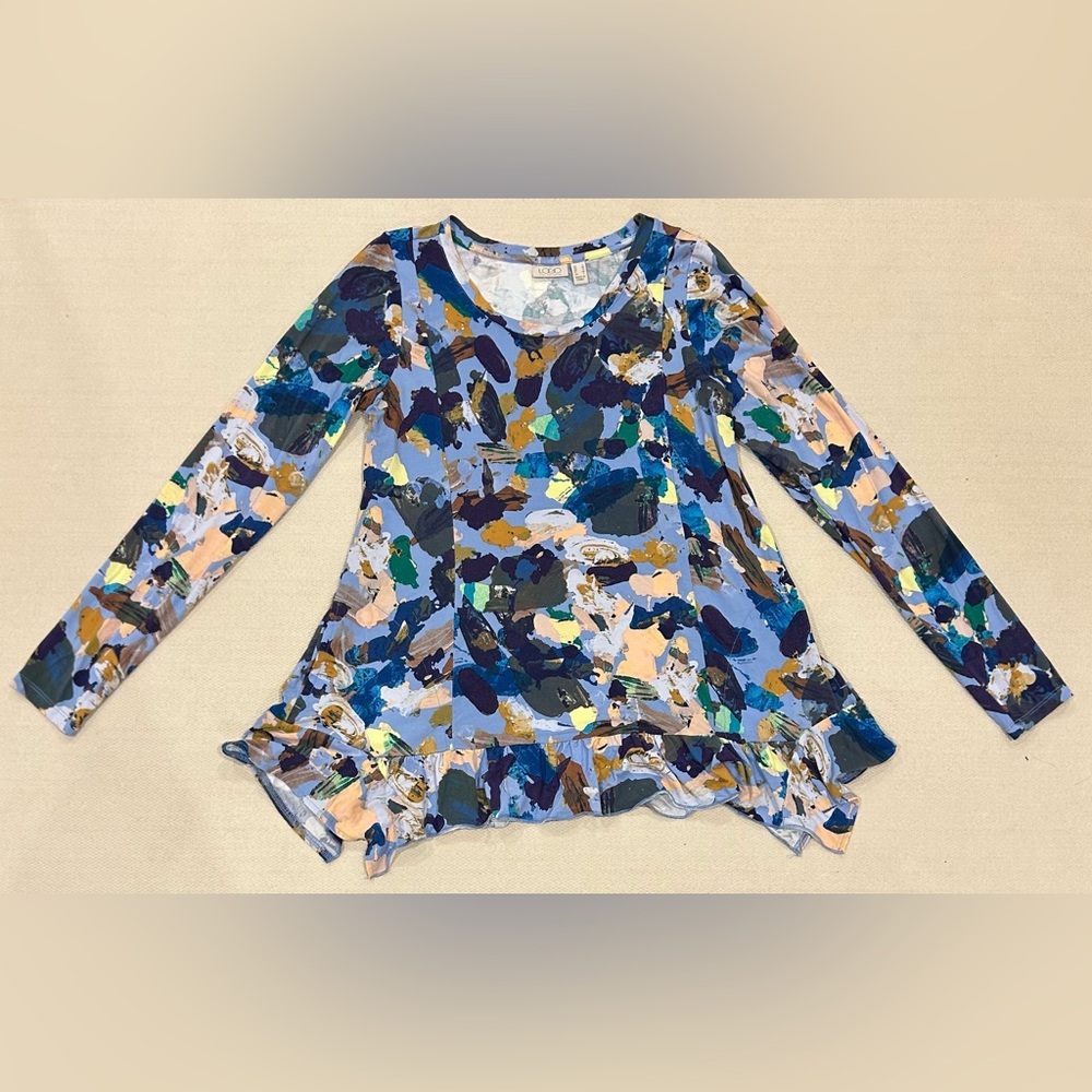 LOGO by Lori Goldstein Knit Top Ruffle Hemline Long Sleeve Blue Abstract Sz S